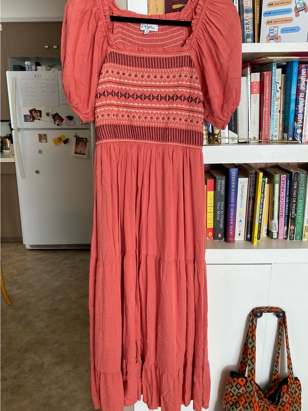 Polagram Coral Midi Dress with Smocked Embroidered Bodice